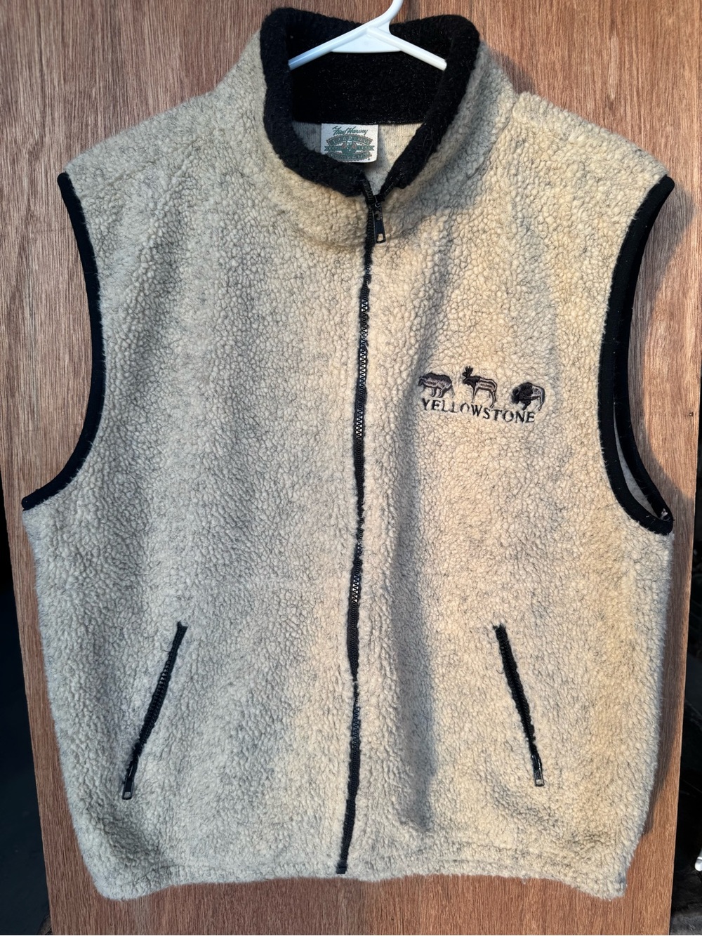 Vintage Yellowstone Sherpa Fleece Vest Beige Wildlife Embroidered Full Zip M